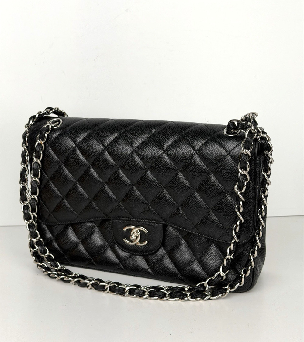 Chanel Classic Double Flap Shoulder Bag Jumbo in Black Caviar Leather 2017 D4